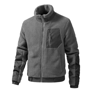 <b>Men</b> Fleece <b>Jacket</b> Stand Collar Windproof Casual Winter Thick <b>Sherpa</b> Lining Zipper Closure Regular Fit Solid Color - Product Image 1