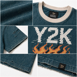 Y2K Pixel <b>Flame</b> High Street T-<b>Shirt</b> Deep Teal Acid Wash Oversized Silk Screen Printed Streetwear with Distressed Vintage Cotton - Product Image 6
