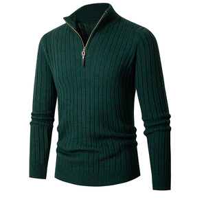 Pull en tricot côtelé gris pour homme avec fermeture à 1/4 de zip, manches longues, couleur unie, vêtement d'automne - Product Image 6