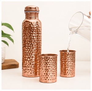 Hammered Copper Water Bottle with 2 Tumbler Glasses Set Leak-Proof Ayurvedic <b>Drinkware</b> Lacquer Coated for Office - Product Image 2