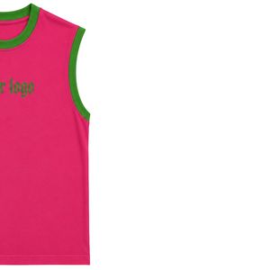 Camiseta sin mangas rosa intenso con ribete verde y logotipo personalizado, chaleco informal de algodón para mujer, cuello redondo, tops de moda de verano, OEM - Product Image 4
