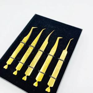 Ensemble de pinces à cils plaquées or, outils de précision pour extensions de cils, pointe lisse, kit de 5 pièces - Product Image 1