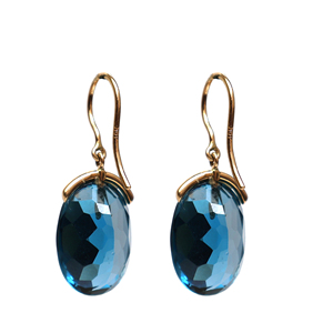 Natural London Blue Topaz Oval Drop <b>Earrings</b> in Solid 14K Yellow Gold Large Faceted Blue Gemstone Dangles December Birthstone - Product Image 3