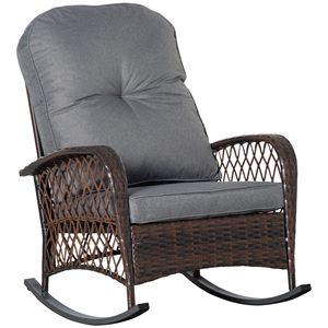 Sedia a dondolo in rattan grigio con cuscini spessi in poliestere per giardini e appartamenti esterni - Product Image 1