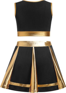 Ensemble uniforme de pom-pom girl noir et or avec coutures contrastées, fermetures éclair, séchage rapide, haut court sans manches, taille haute, en Spandex et Polyester unis - Product Image 2