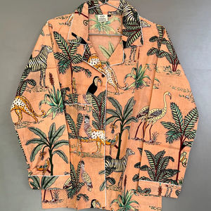 Conjunto de Pijama de Algodón Estampado a Mano con Rayas Verticales Florales para Mujer, Ropa de Dormir de Secado Rápido para Primavera/Verano, Elegante y a Rayas - Product Image 1