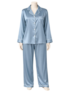 Conjunto de Pijama de Satén Azul Claro Personalizado para Mujer, Ropa de Dormir de Manga Larga con Botones, Estilo Seda, Conjunto de Dos Piezas Cómodo para Estar en Casa - Product Image 1