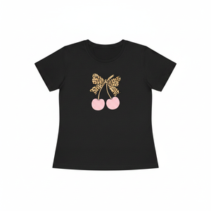 เสื้อยืดคอกลมแขนสั้นสีดำพิมพ์ลายเชอร์รี่สีชมพูและลายโบว์เสือดาวสไตล์ลำลองสำหรับผู้หญิง - Product Image 2