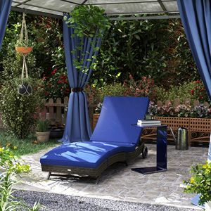 Chaise longue da esterno blu scuro con telaio in alluminio e vimini in PE, schienale regolabile e 2 ruote - Product Image 2
