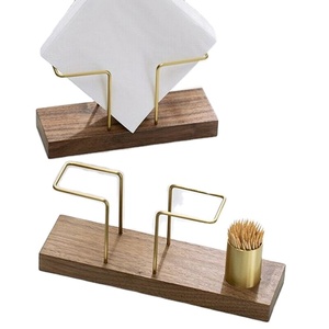 Servilletero moderno de metal de mesa con soporte de palo de dientes de alta calidad dorado con base de madera - Product Image 1