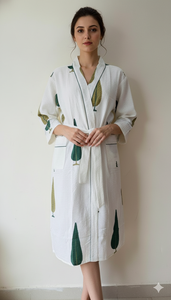 Soft Cotton Floral Bathrobe Women Green Leaf Block Print Spa Robe Morning Gown Lightweight Comfort Long Dressing Gown For Women - Product Image 2