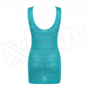 Vestido de punto turquesa para mujer, con cuello en V, sin mangas, estilo ajustado y elástico. - Product Image 3