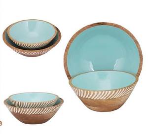 Eco Friendly Wooden Serving <b>Bowl</b> With Salad Server Enamel Printed For Tableware Dinnerware Snack <b>Soup</b> Serving <b>Bowl</b> At Best price - Product Image 2