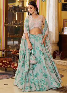 Conjunto de Lehenga de Georgette para Mujer, Completamente Cosido, con Bordado de Hilo y Batwa - Product Image 3