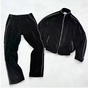 Unisex Black Velvet Tracksuit Full Zip <b>Jacket</b> And Jogger Pants Solid Color Sporty Casual Two Piece Set Autumn Wear - Product Image 1