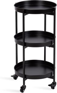 Chariot roulant rond à 3 niveaux en métal noir avec roulettes, chariot de service minimaliste pour la maison - Product Image 2