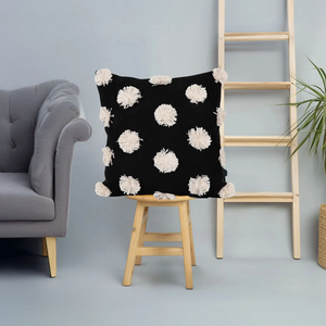 Hand Tufted Texture Boho Black and Ivory Pom Pom Fringe Cushion Cover Handmade Decorative <b>Pillow</b> <b>Case</b> for Sofa Bedroom Living Ro - Product Image 1
