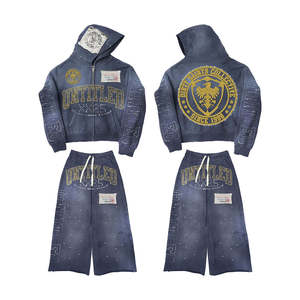 Conjunto Deportivo Extra Grande de Algodón 100% con Lavado Vintage para Hombre, con Logotipo Personalizado Impreso y Pedrería, Conjunto de 2 Piezas: Sudadera con Capucha y Pantalones Deportivos - Product Image 2