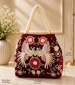 Sac à main en velours léger et durable pour femmes, motif floral, avec poignée en perles et doublure en soie - Product Image 5