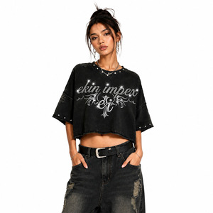 High Quality OEM Custom Logo Y2K Rhinestone <b>Crop</b> <b>Top</b> <b>Men</b> Acid Wash Distressed Oversized T-shirt 100% Cotton Goth Streetwear - Product Image 3