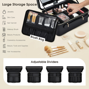 Large <b>Makeup</b> <b>Case</b> with LED Mirror Travel <b>Makeup</b> Bag Leather Cosmetic Bag with Adjustable Dividers Brush Holder - Product Image 3