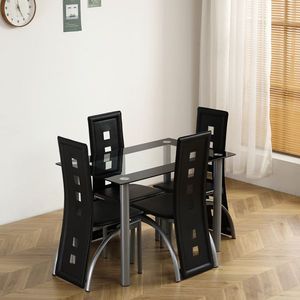 Set da Pranzo Nero a 5 Pezzi con Piano in Vetro Temperato e Gambe Nere, Adatto per Cucina e Sala da Pranzo, Include 4 Sedie - [Stesso Codice] - Product Image 4