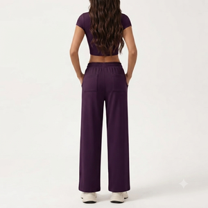 Conjunto Deportivo de Dos Piezas para Mujer, Top Corto Morado de Manga Corta y Pantalones Anchos, Ropa Deportiva Informal para Entrenamiento y Descanso - Product Image 2