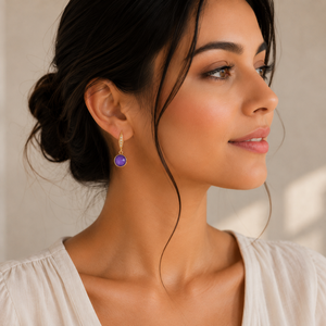 Boucles d'oreilles en argent sterling 925 plaqué or 18 carats avec améthyste de 11 à 12 mm et zircon, forme ronde, monture en fil d'oreille. - Product Image 5
