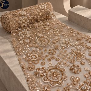Champagne Floral Beaded Dress <b>Fabric</b> with Gold <b>Embroidery</b> and Pearl Motifs | Decorative Net Textile for Bridal Gowns Eveningwear - Product Image 2
