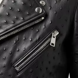 Veste en cuir de vachette de style motard, cuir embossé d'autruche, fermeture éclair de qualité supérieure, double col, qualité supérieure - Product Image 3