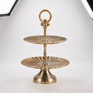 Factory Direct 2 Tier Round Sunburst Fluted Metal <b>Cake</b> <b>Stand</b> <b>Vintage</b> Gold Finish Dessert Platter Centerpiece Knot Handle - Product Image 3