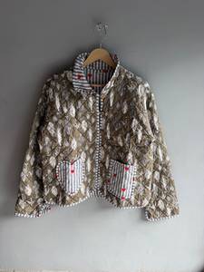 <b>Quilted</b> Cotton <b>Jacket</b> Women Stand Collar Full Sleeve Autumn Regular Length Patch Pocket Printed Fish <b>Pattern</b> GIFT FOR HER - Product Image 1
