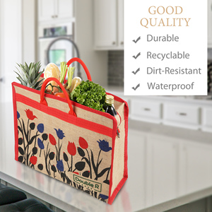 Floral Printed <b>Foldable</b> Jute Shopping Gift Tote <b>Bag</b> with Zipper Closure and Double Loop Handle - Product Image 2