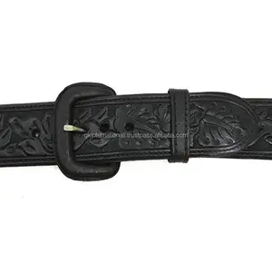 Fully Handmade Tooled Western belt in premium black leather machine stitched snap button for buckle change at cheap price