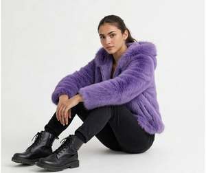 Purple Faux <b>Fur</b> <b>Hooded</b> <b>Jacket</b> Women Winter Short Zipper Closure Casual Warm Coat Full Sleeve Solid Color Standard Outerwear - Product Image 5