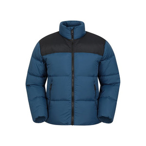 <b>Men's</b> Blue Puffer <b>Jacket</b> With <b>Black</b> Shoulder Panel Stand Collar Windproof Down Filled Casual Winter Wear Regular Fit - Product Image 1