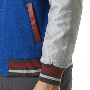Men's Royal Blue Varsity <b>Jacket</b> With Silver Gray Contrast Sleeves Ribbed Stripe Collar Snap Button Front Casual Letterman - Product Image 4