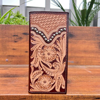 Dompet penyimpan uang kulit asli Tooled tangan dekoratif buatan tangan untuk pria dompet kartu kredit kualitas Premium terlaris