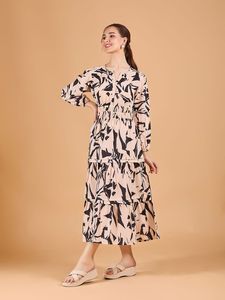 Robe midi cintrée et évasée à imprimé floral, col en V, manches trois quarts, longueur genou, coupe ample, taille naturelle - Product Image 2