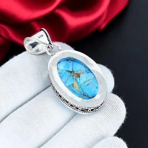 Blue <b>Copper</b> Turquoise Oval Bezel Setting Pendant Sterling Silver Plated Handmade Bohemian Women's Gemstone Jewelry - Product Image 2
