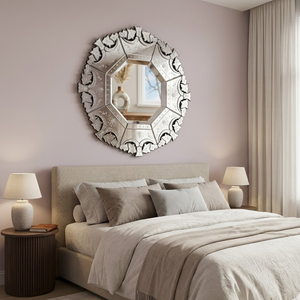 Premium Venetian Decorative Wall Mirror Round Shape with Octagonal Center and Intricate | Floral Etching <b>Antique</b> Style <b>Frame</b> - Product Image 4
