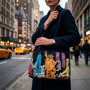 Sac fourre-tout en toile noire imprimé New York City, élégant |   Sac à main réutilisable pour le shopping et les voyages, fermeture éclair, longues bretelles, pour femmes - Product Image 3