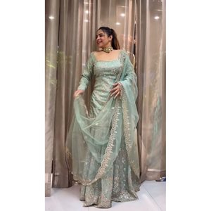 DISEÑADOR CHIFFON BORDADO SECUENCIA TRABAJO TOP SHARARA con DUPATTA SEA GREEN 100% SEDA ENCAJE PATRÓN SÓLIDO - Product Image 1