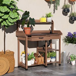 Dark Brown Wooden Potting Bench Table Removable Sink Faucet Drawer Outdoor Garden Work Station Featuring Iron <b>Shelves</b> <b>Hooks</b> Mall - Product Image 2