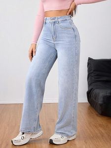 Jean droit pour femme 100 % coton, longueur intégrale, coupe décontractée, délavé, bleu clair, avec ceinture, style printemps - Product Image 6