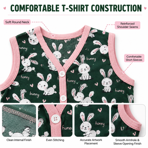 Ensemble T-shirt et short en tricot imprimé à col en V, motif lapin de dessin animé, bordure verte et rose, tenue décontractée d'été pour enfants - Product Image 3