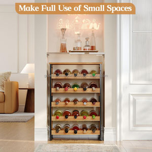 Étagère de rangement pour bouteilles de vin en bois |   Porte-bouteille de vin de style moderne |   Armoire à vin en bois massif et métal pour salon |   Multi-niveaux - Product Image 4