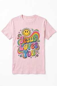 เสื้อยืดลำลองสีชมพูแขนสั้นคอกลมสำหรับผู้หญิง ลายกราฟิกพระเยซูรักคุณ - Product Image 2