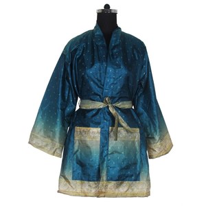 KS003 Kimono Vintage de Seda con Manga Corta, Estilo Sari, Vestido Boho Corto, Vestido de Dama de Honor - Product Image 2