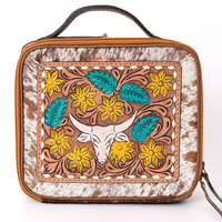 Pochette vintage pour femme en cuir véritable, avec panneau floral gravé, motif tête de taureau, fermeture éclair en peau de bœuf, structurée, à porter à la main, résistante à l'eau
